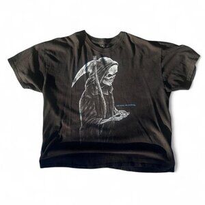 Y2K Grim Reaper Texting Skull "Not Now I'm Busy" Black Graphic T-Shirt